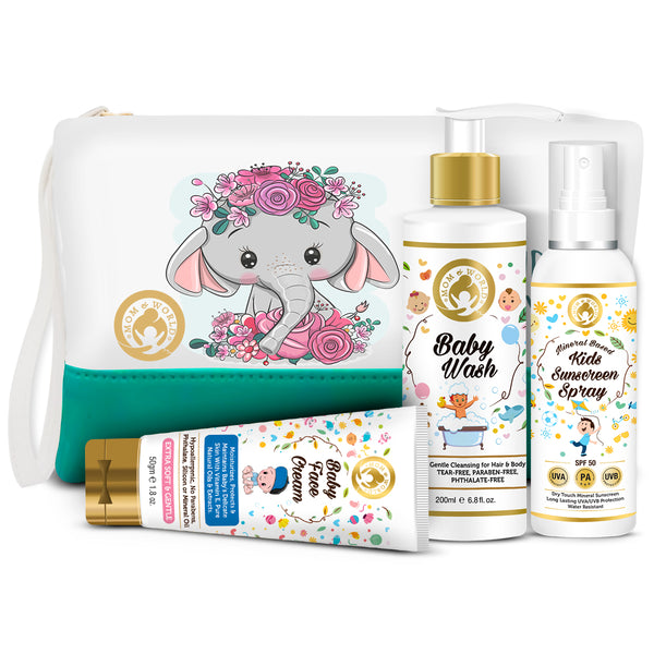 Baby Face Cream (50g) + Baby Wash (200ml) + Kids Sunscreen Spray (120ml) With Pouch